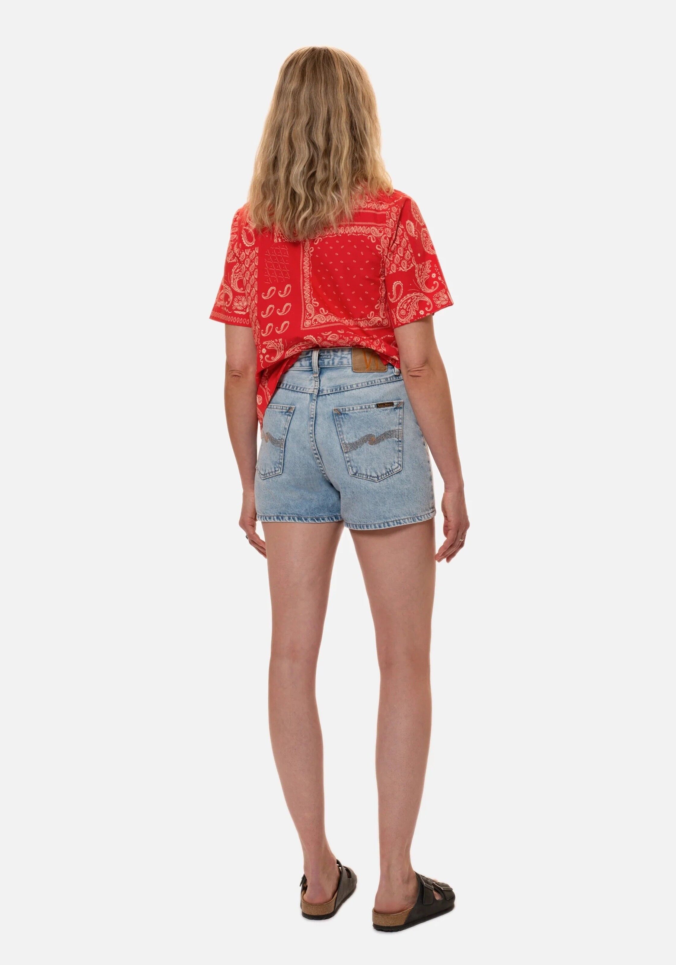 Red and blue denim shorts top